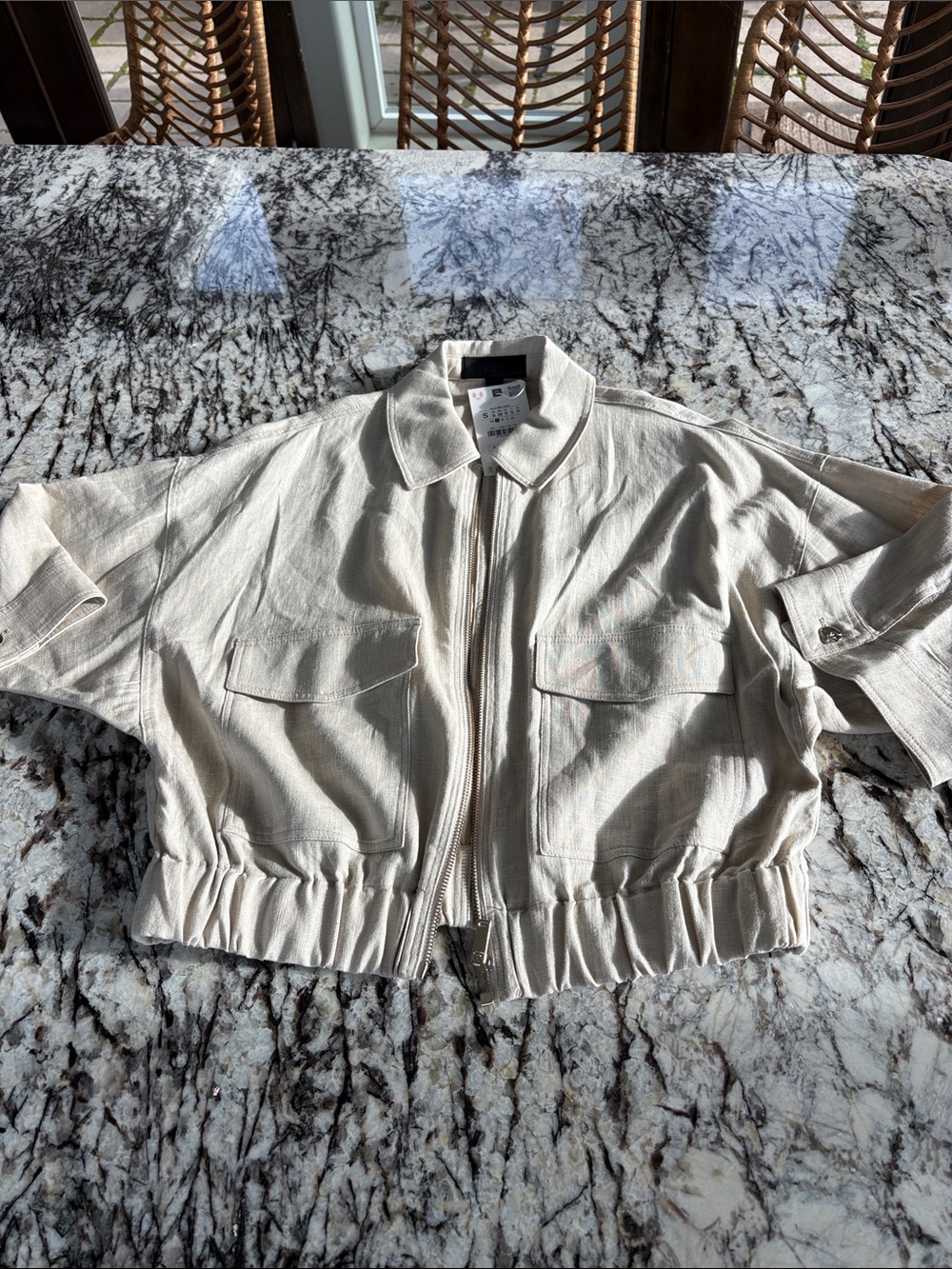Zara Cream Cropped Linen Bomber Jacket - NWT